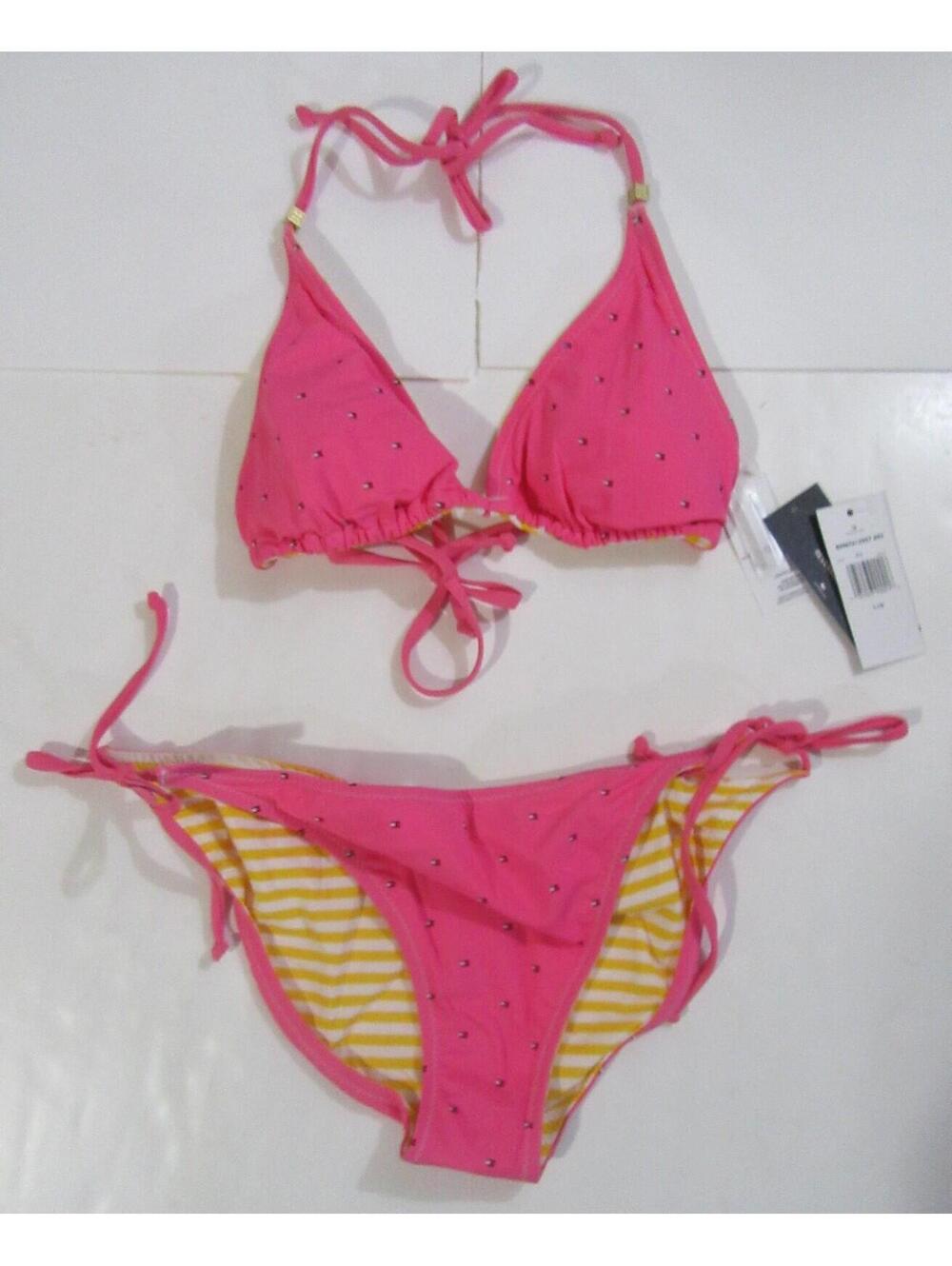 Tommy Hilfiger Womens Reversible Bathing Suit Bikini Pink w Logos / Yellow LG